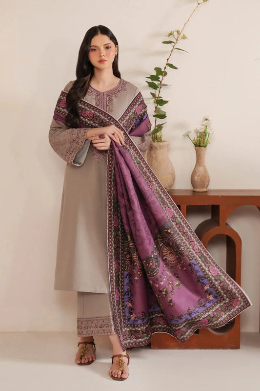 Garnet Embroidered Dhanak Three Piece Shahmina