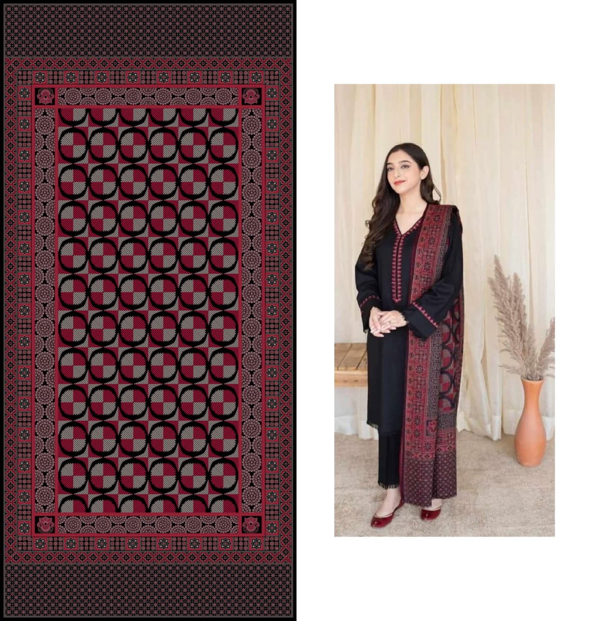 femalechoice Fcc-883 Black Dhanak Embroidered three piece With Woolen Duppata
