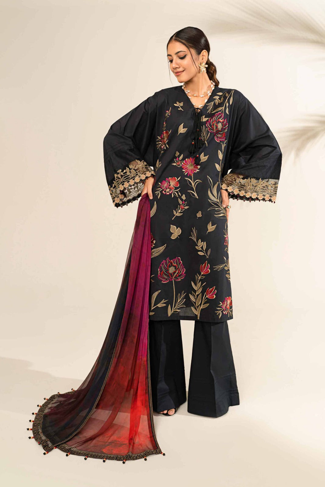 Maria B Embroidered Dhanak Three Piece MB-844 Black
