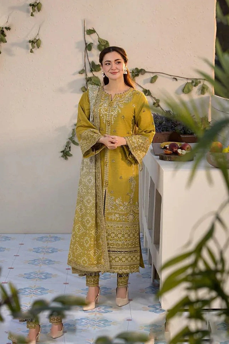 laam Embroidered Dhanak Three Piece Lemon laam-44