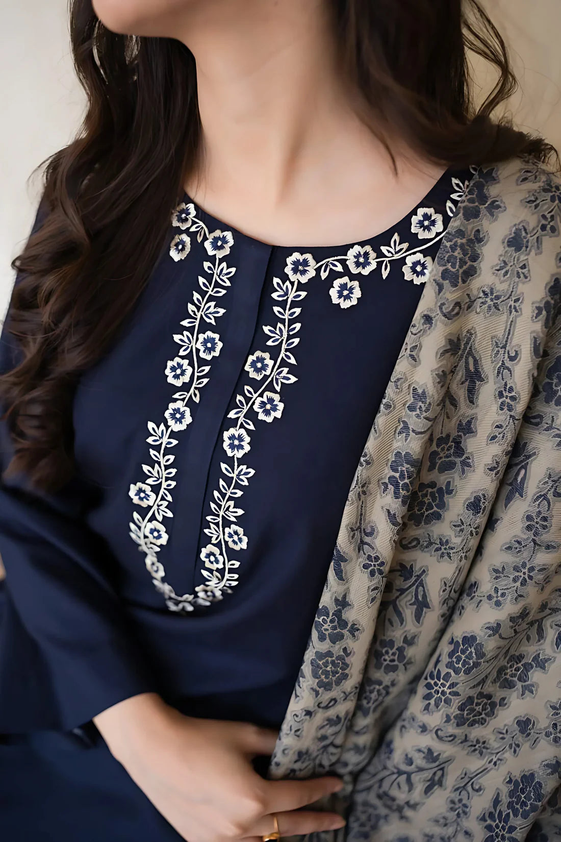 Fcc-841 Blue Dhanak Embroidered three piece With Woolen Duppata