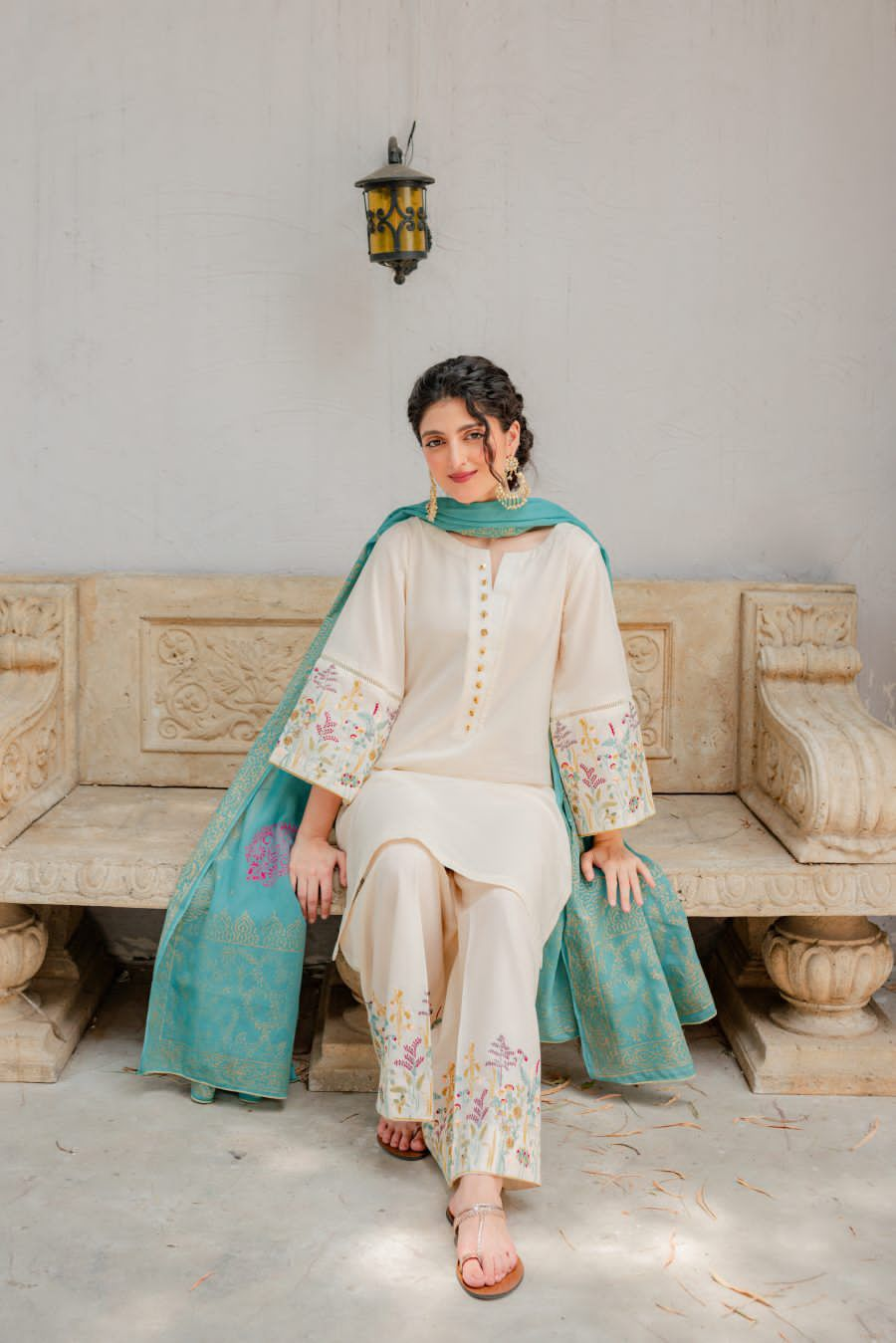 Off white Dhanak Embroidered three piece With Dhanak Shawl www