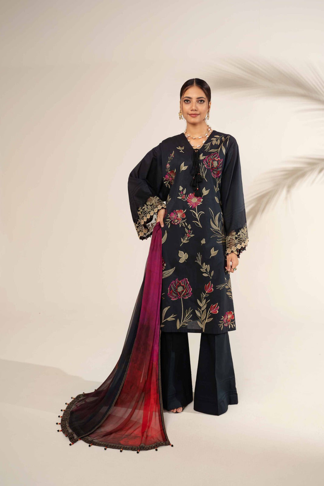 Maria B Embroidered Dhanak Three Piece MB-844 Black