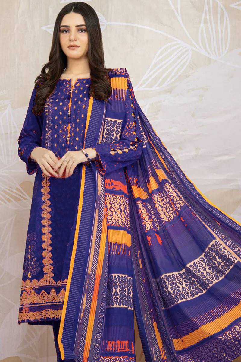 D#718 Blue Printed Three Piece winter Collection
