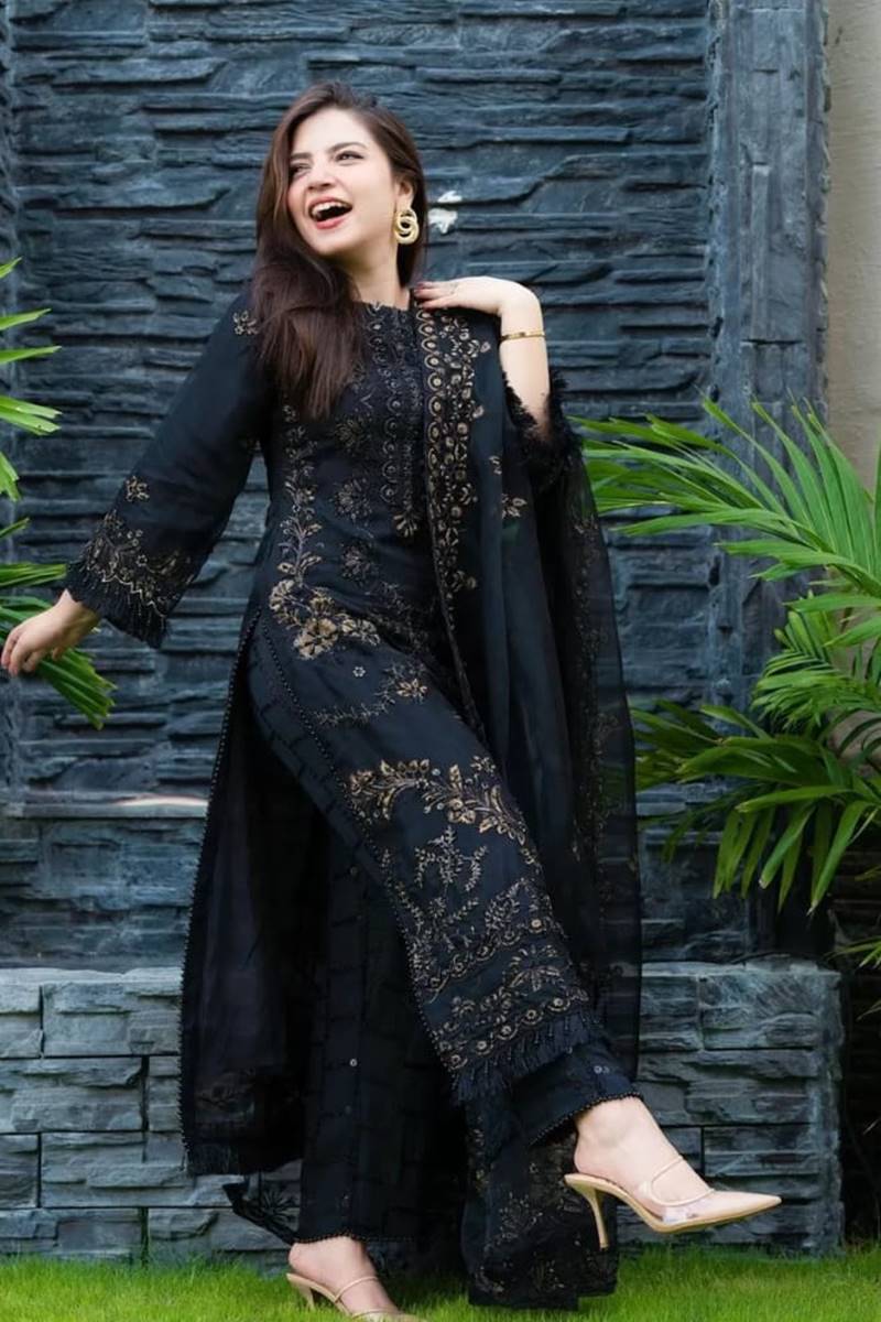 FCC-18405 black lawn Embroidered three piece