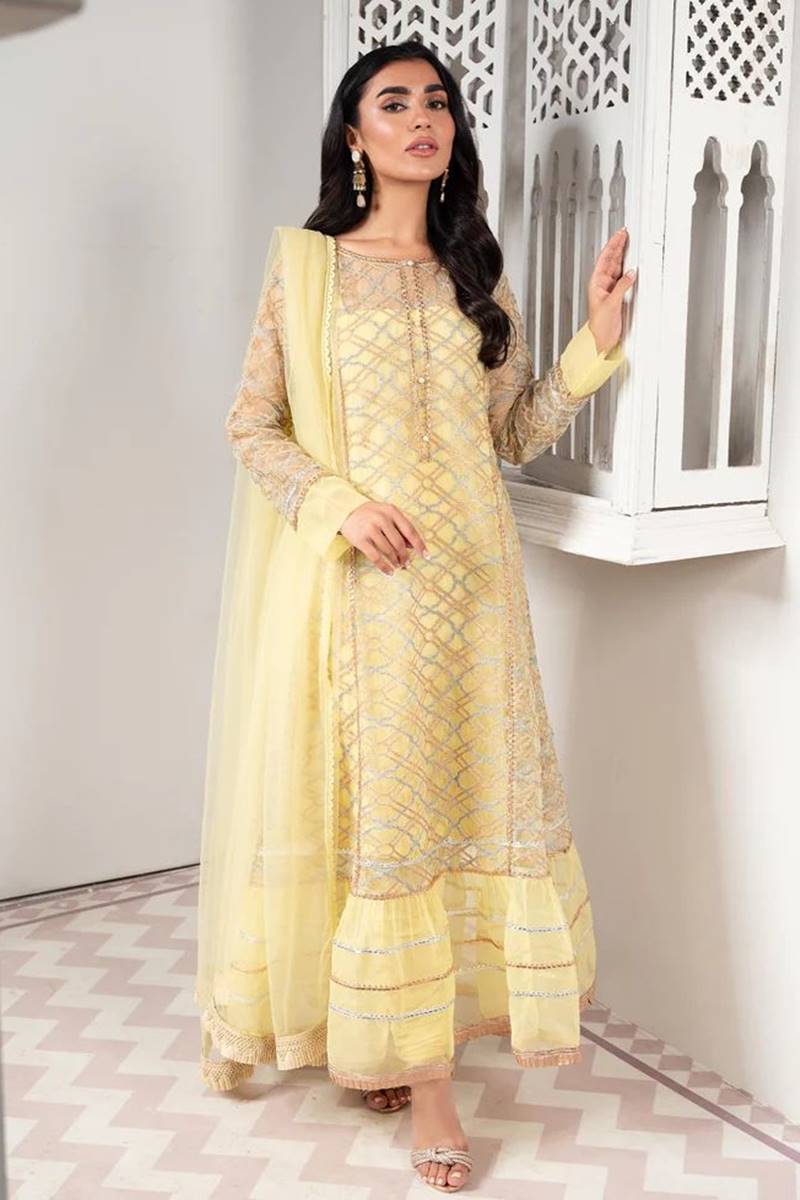 femalechoice Design#580 Yellow Organza Linen inner Embroidered 3 pc