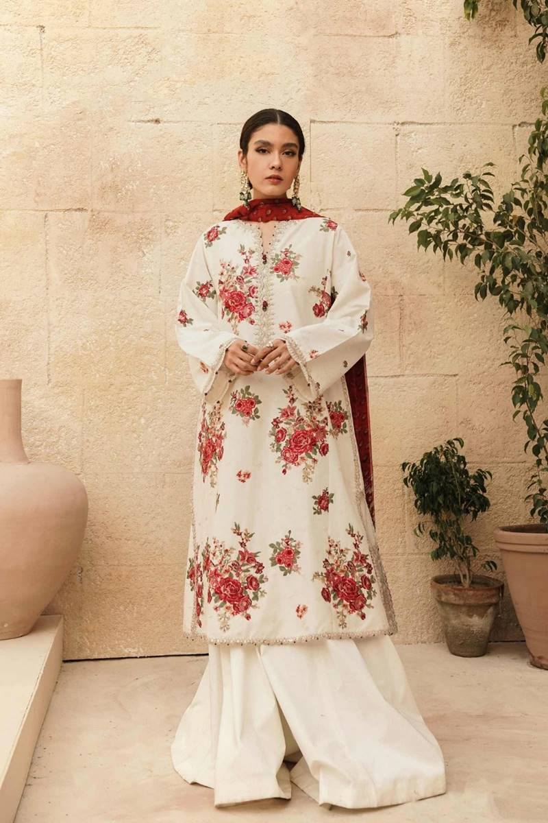 Batik D-135 white Color Embroidered Katan Silk two piece