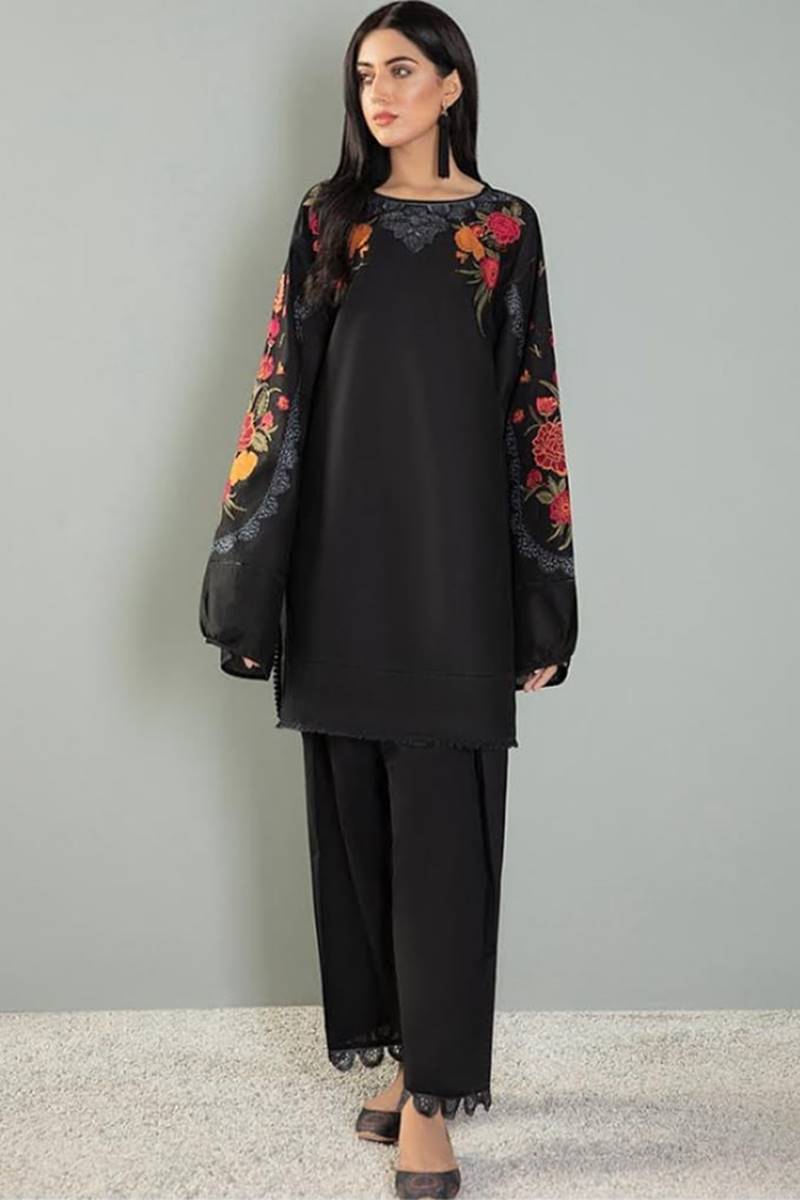 Batik D-133 Black Color Embroidered Katan Silk two piece