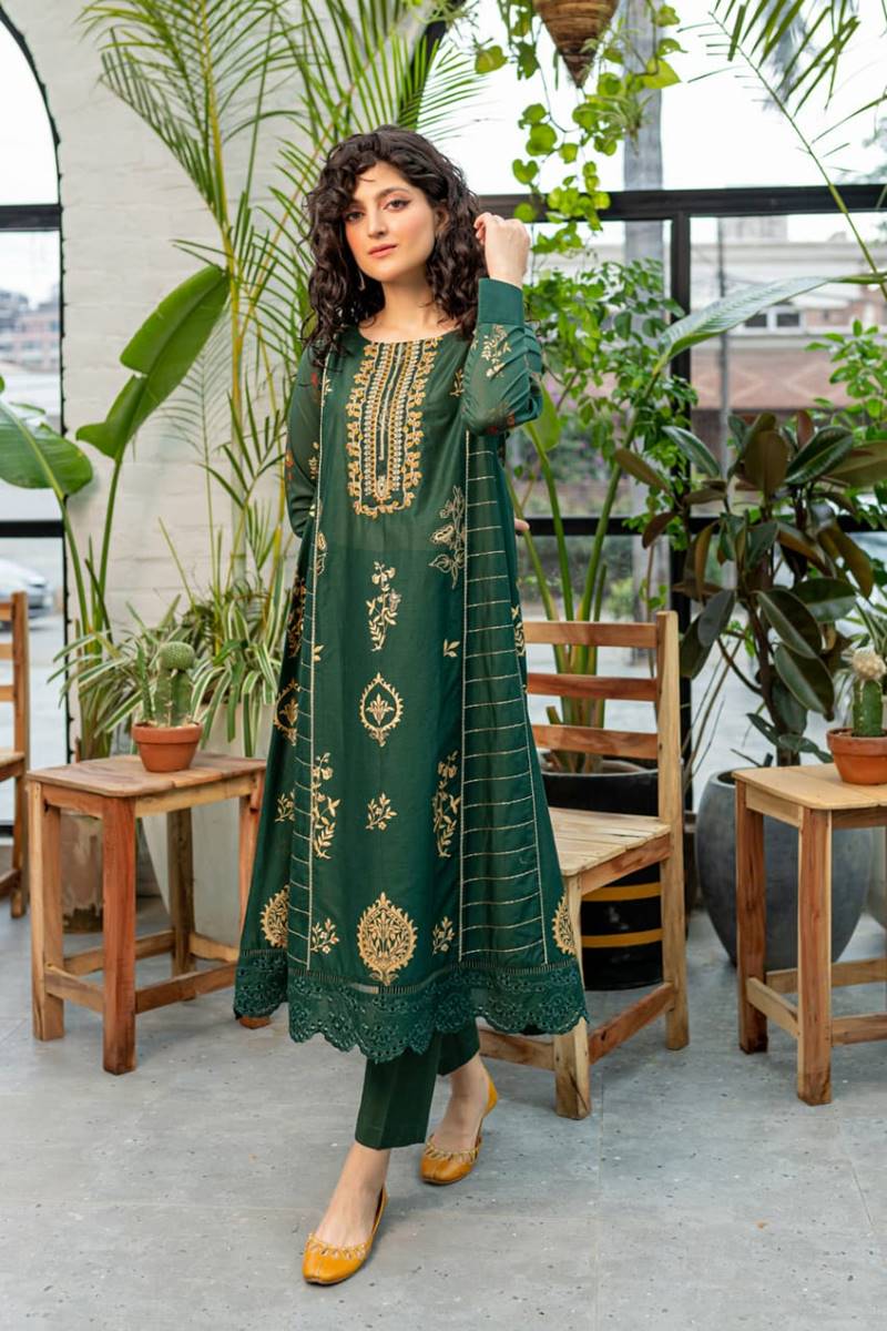 Batik D-130 Green Color Embroidered Katan Silk two piece