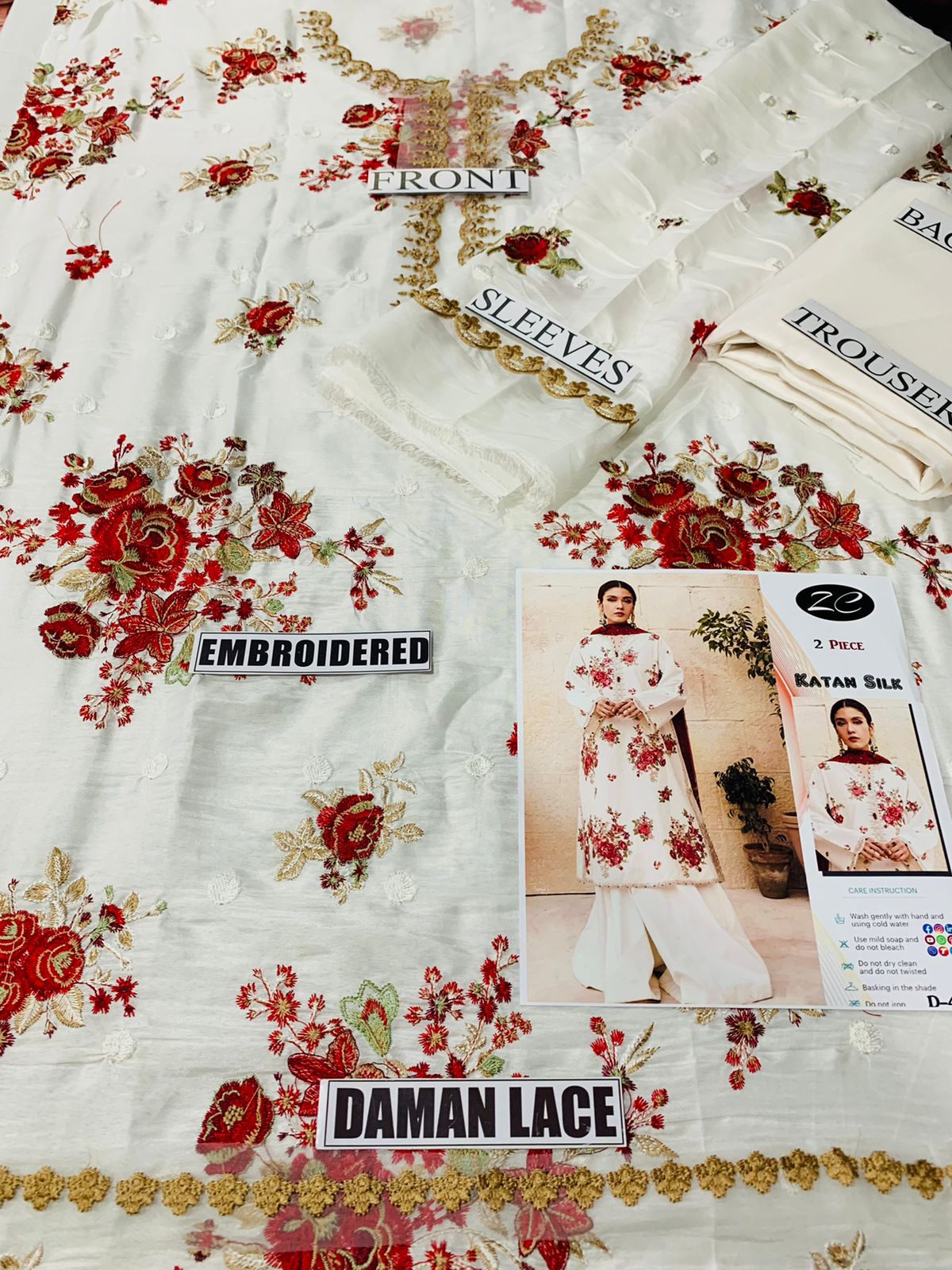 Batik D-135 white Color Embroidered Katan Silk two piece