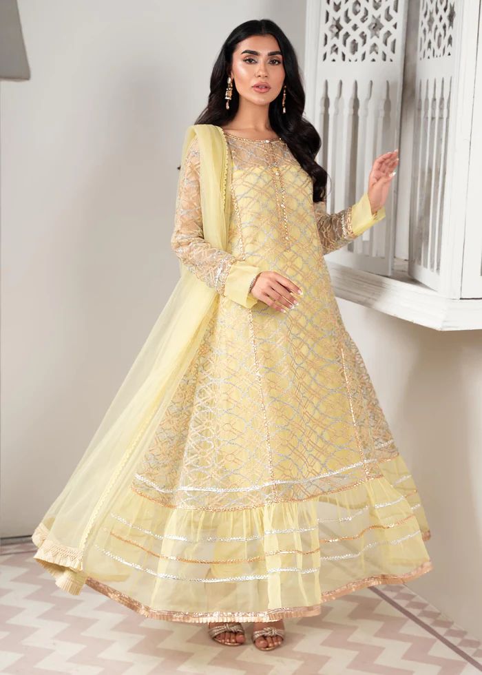 femalechoice Design#580 Yellow Organza Linen inner Embroidered 3 pc