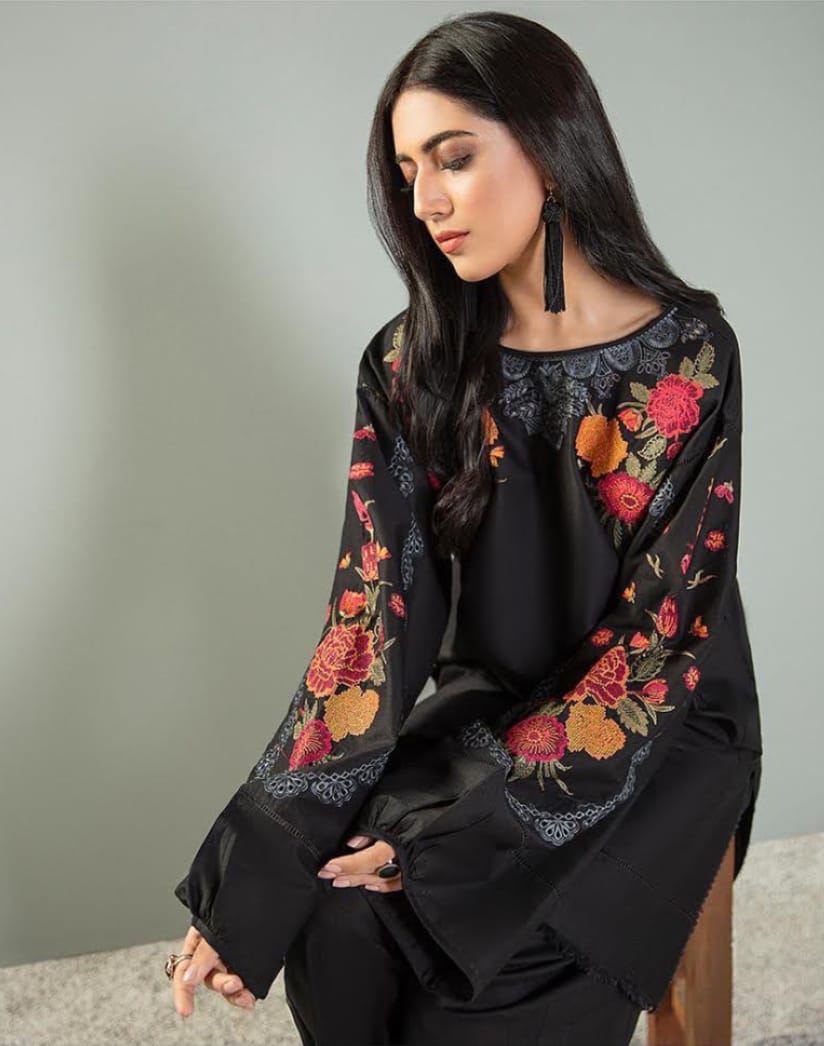 Batik D-133 Black Color Embroidered Katan Silk two piece