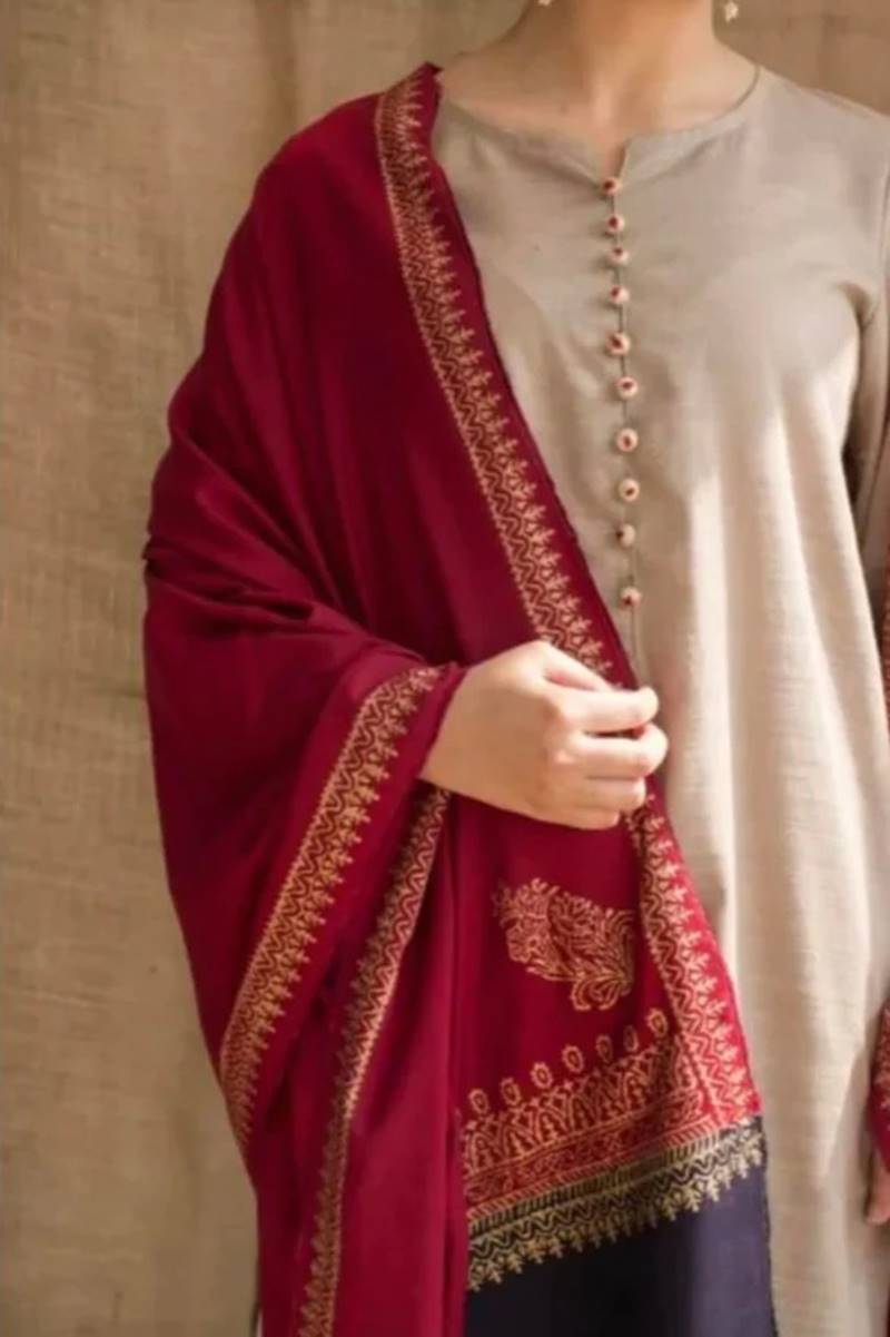 femalechoice Fcc-452 SKIN-GREY Dhanak Embroidered three piece With Dhanak Shawl