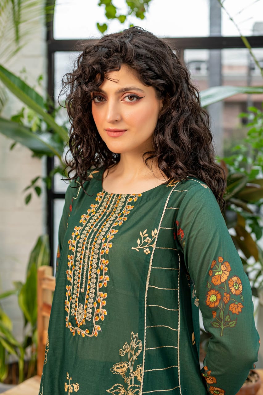 Batik D-130 Green Color Embroidered Katan Silk two piece