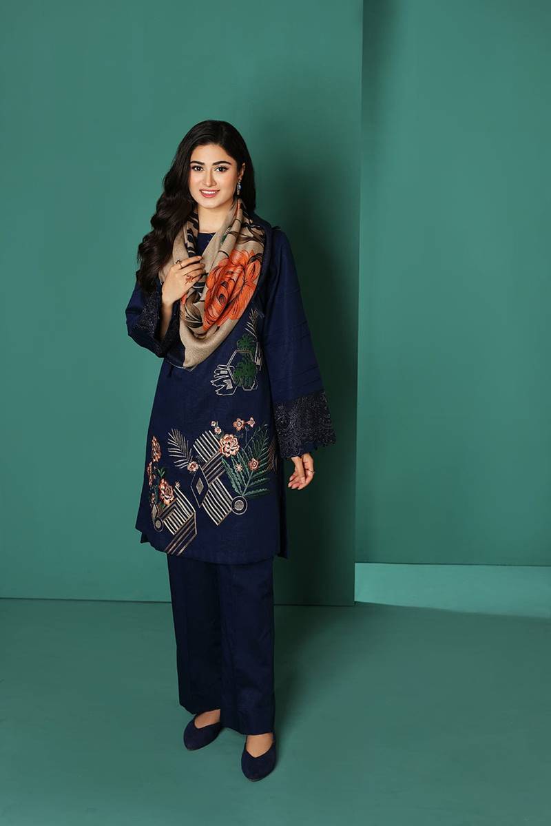 Nishat 539 Blue Dhanak Embroidered three piece With silk Woolen Shawl