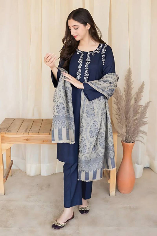 Fcc-841 Blue  Lawn Embroidered three piece With Viscous Duppata