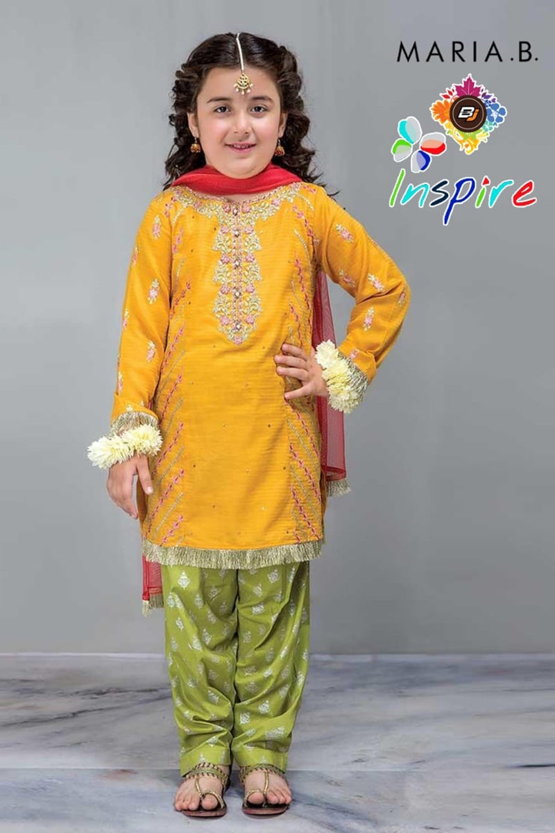 Maria B D-266 Yellow Kids Wear Linen Embroidered two piece