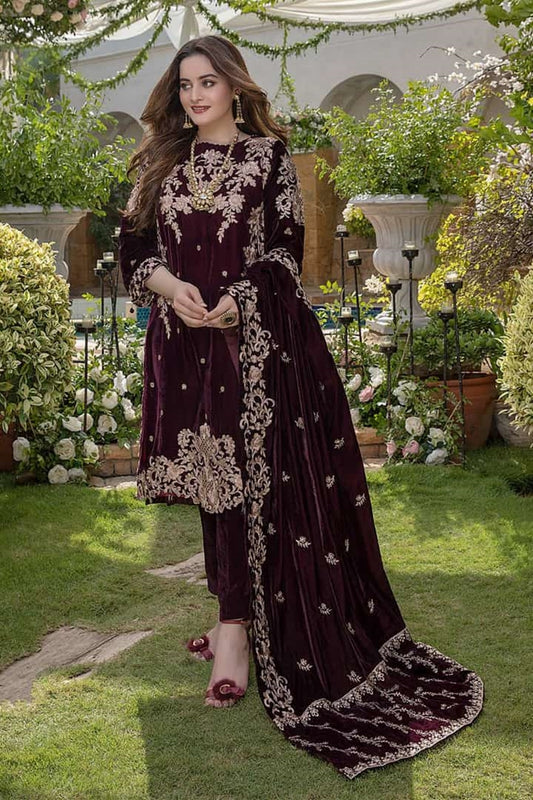 FCC ZC-111 Embroidered Velvet Three piece With Velvet Shawl  Winter Collection