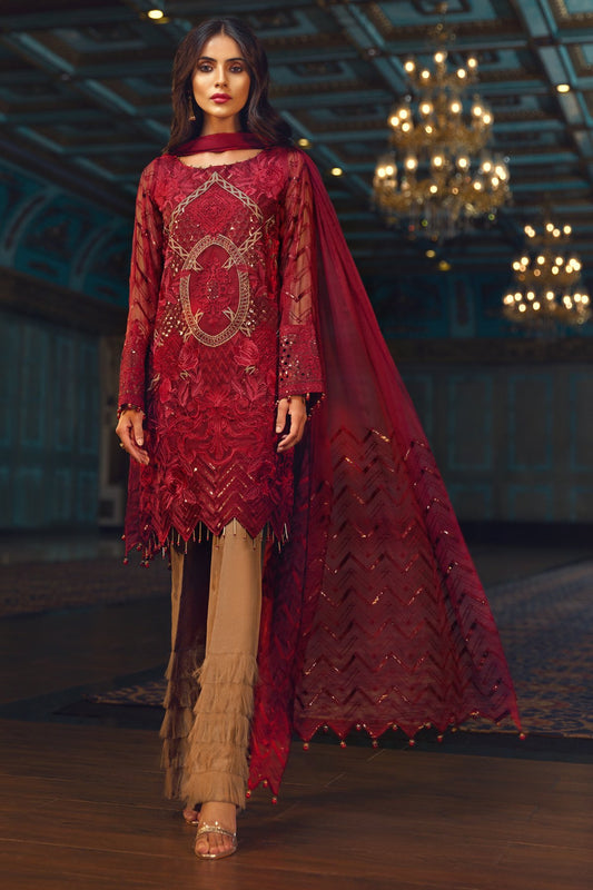 Jazmin Red Beryl Unstitched Pure Chiffon Collection Embroidered Three Piece