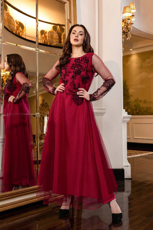 femalechoice Design#89 Red Organza Linen inner  Embroidered 3 pc