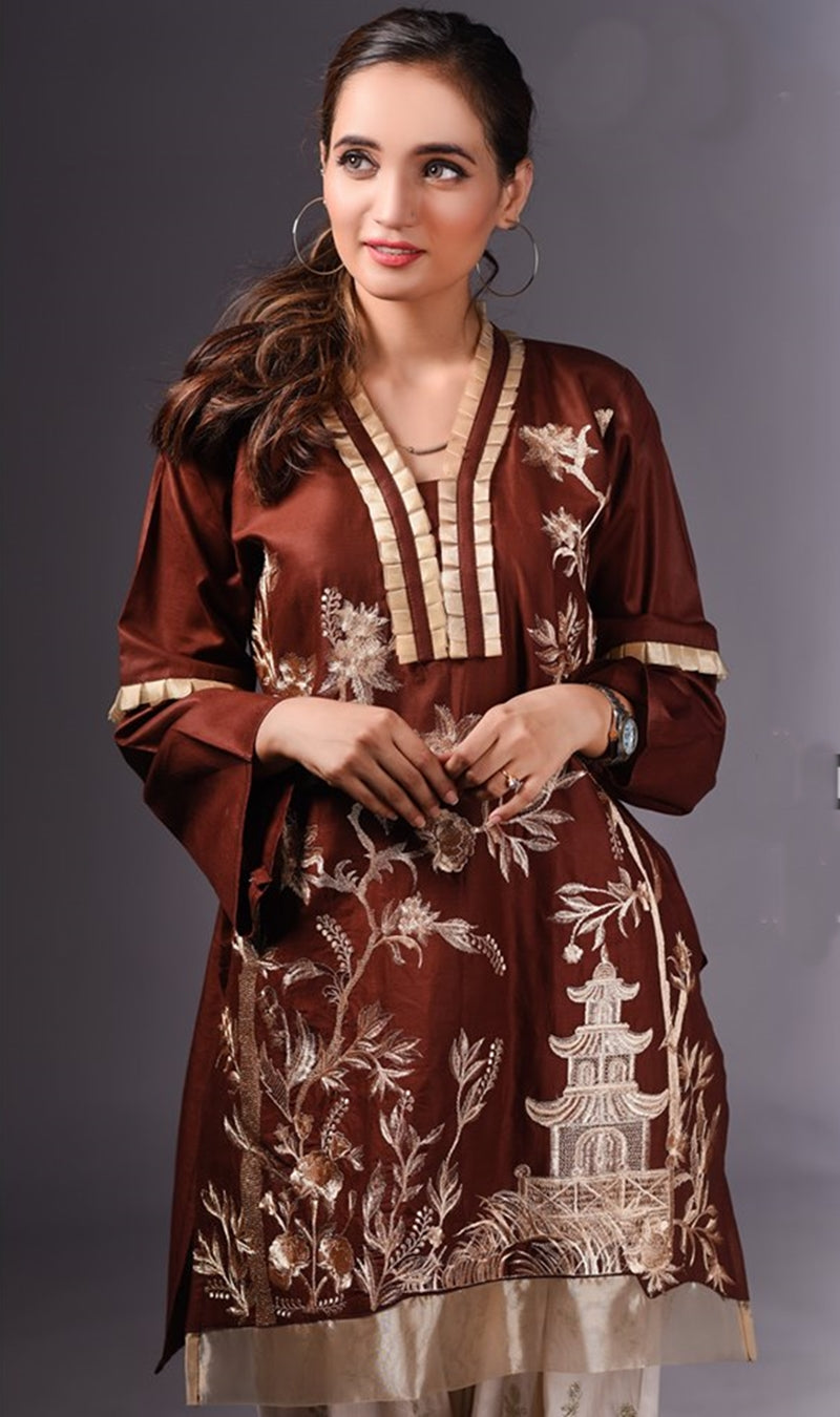 FCC-010 Brown Lawn Embroiderd Stitched Shirt