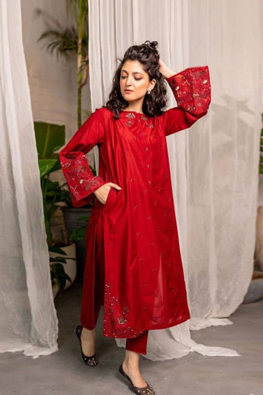 Batik D-132 Red Color Embroidered Katan Silk two piece