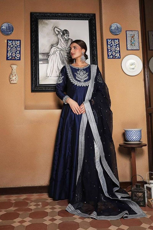 Femalechoice D-123 Blue Color Embroidered Katan Silk Three piece Wedding Collection