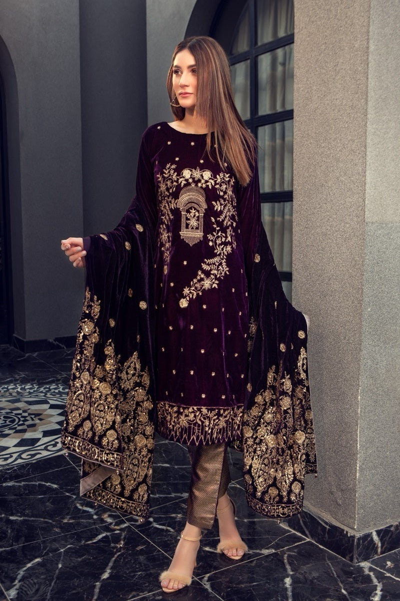 FCC ZC-112 Embroidered Velvet Three piece With Velvet Shawl  Winter Collection