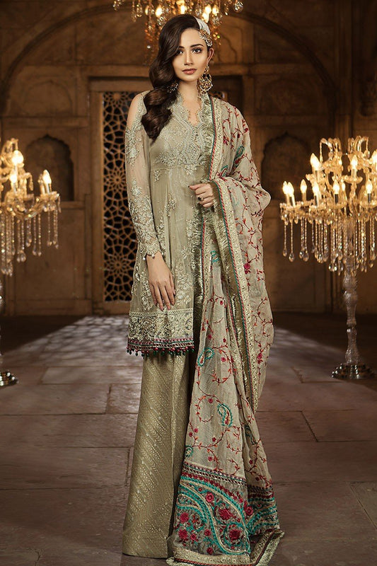 Maria B BDS-1403 Beige Unstitched Pure Chiffon Collection Embroidered Two Piece