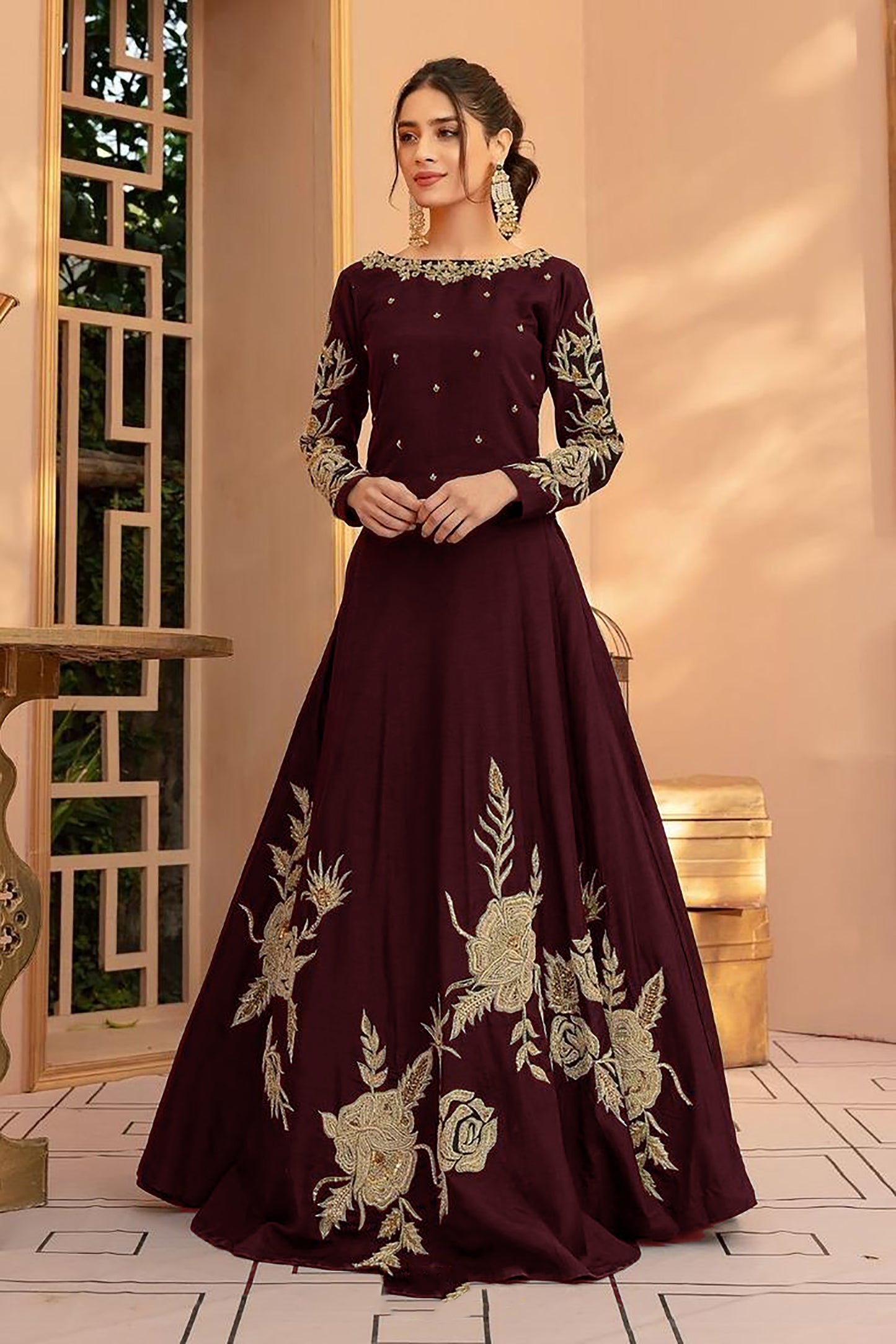 Femalechoice D-120 mehroon Color Embroidered Katan Silk two piece Wedding Collection