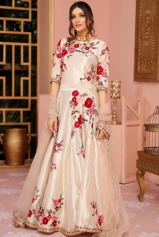 Femalechoice D-122 White Color Embroidered Katan Silk Three piece Wedding Collection